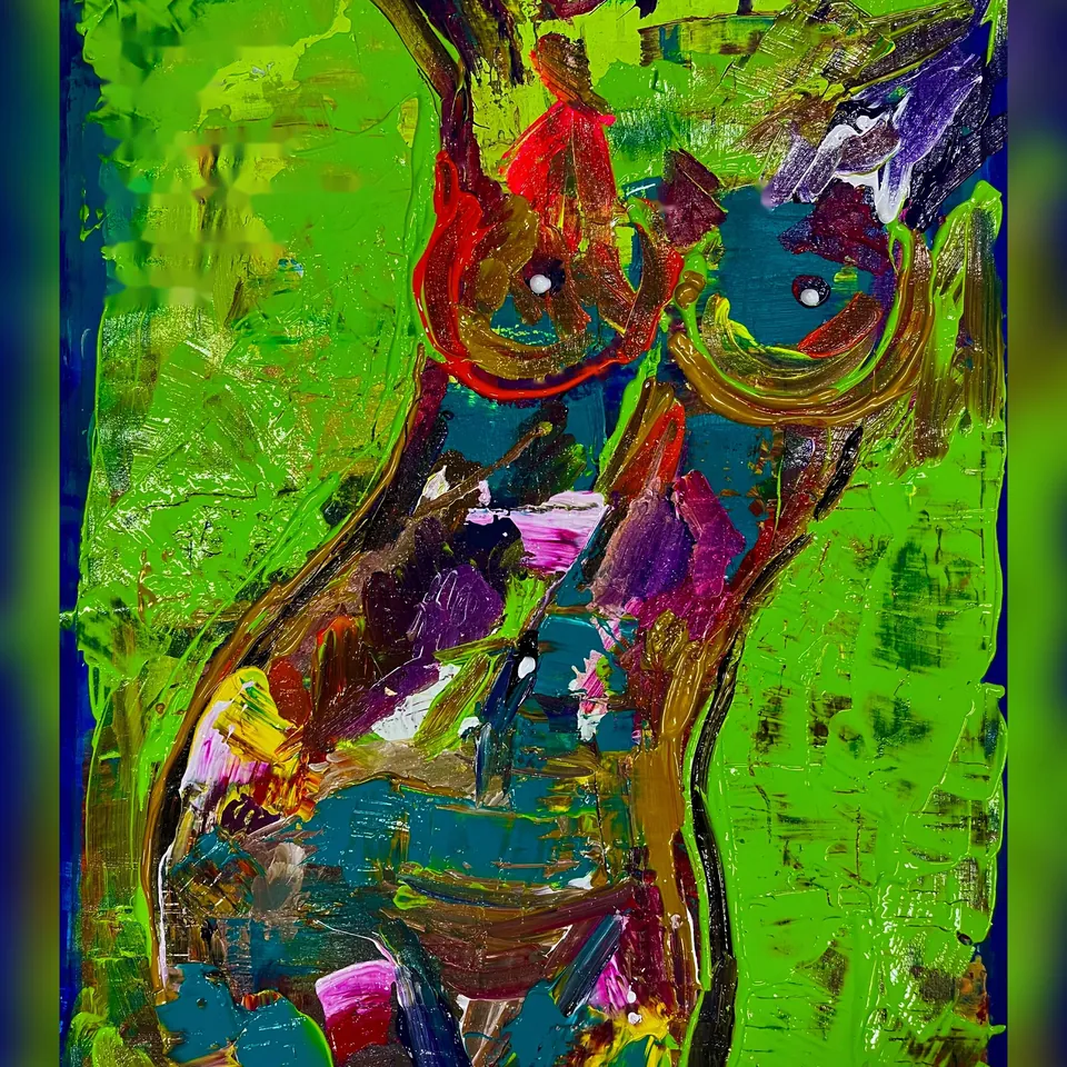 Bodypositive by Yana Yank: a female torso in red, teal and violet impasto emerging from an acid-green ground