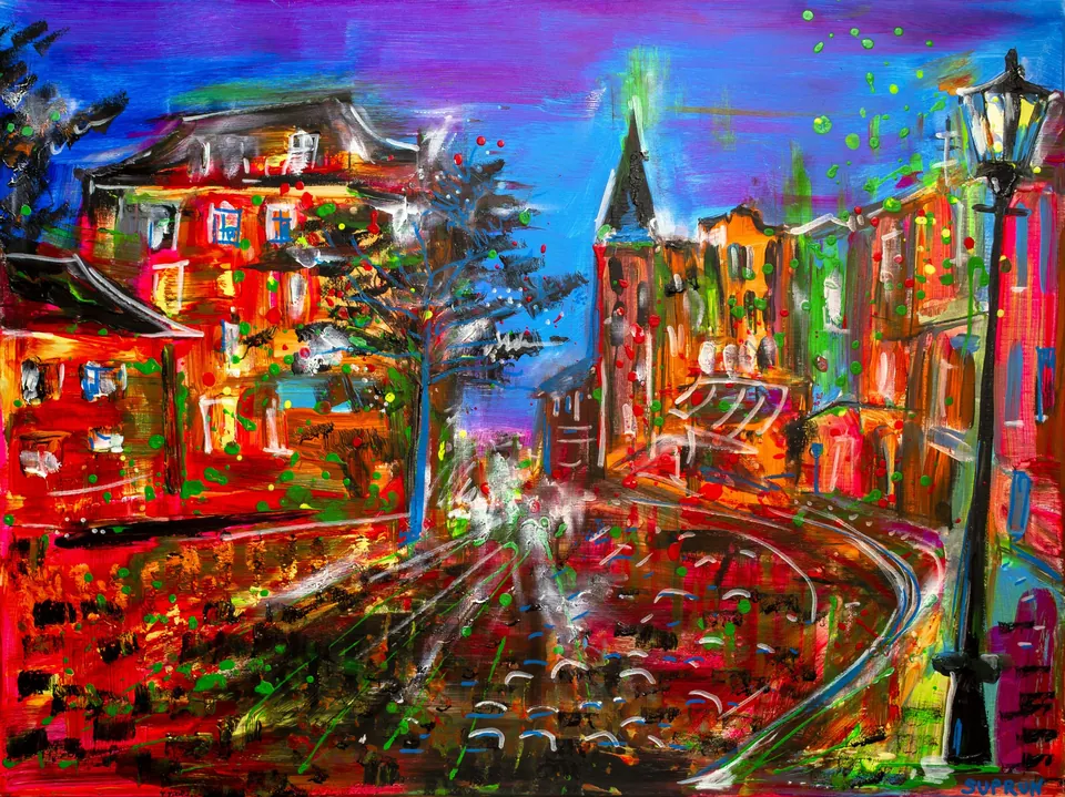 City Nocturne by Yana Yank: a night street of red and blue façades, a church spire and a glowing street lamp under a starry sky
