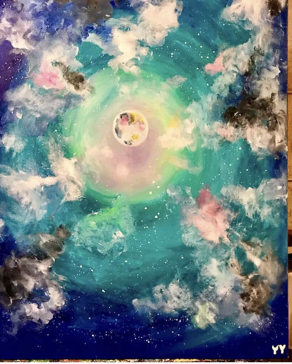 Cosmos by Yana Yank: a pale moon glowing in a swirling turquoise nebula ringed with pink and grey clouds and deep blue space