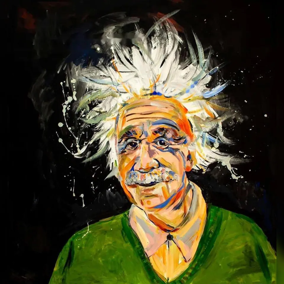Einstein by Yana Yank: portrait of Albert Einstein with an explosion of white hair splattered across a black background, face built from orange, blue and ochre strokes