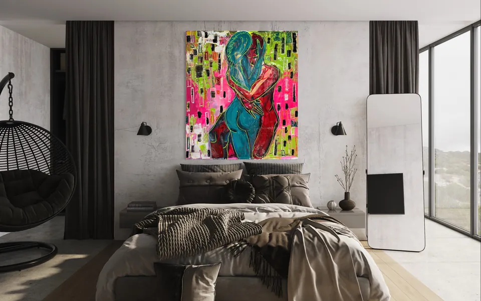 A colourful figurative painting of an embracing couple by Yana Yank above a bed in a grey minimalist bedroom