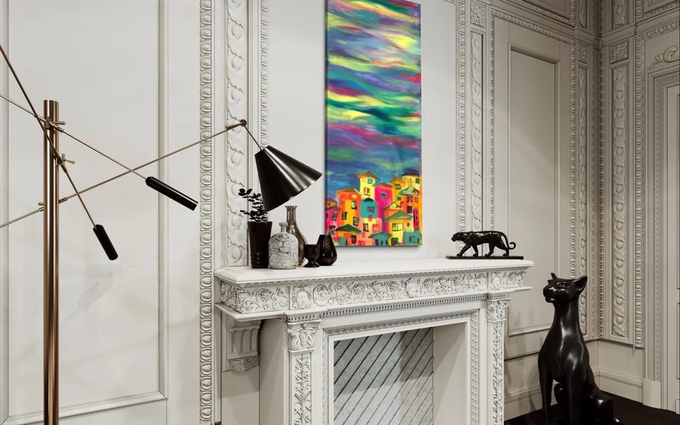 A vertical rainbow cityscape by Yana Yank above a white classical fireplace