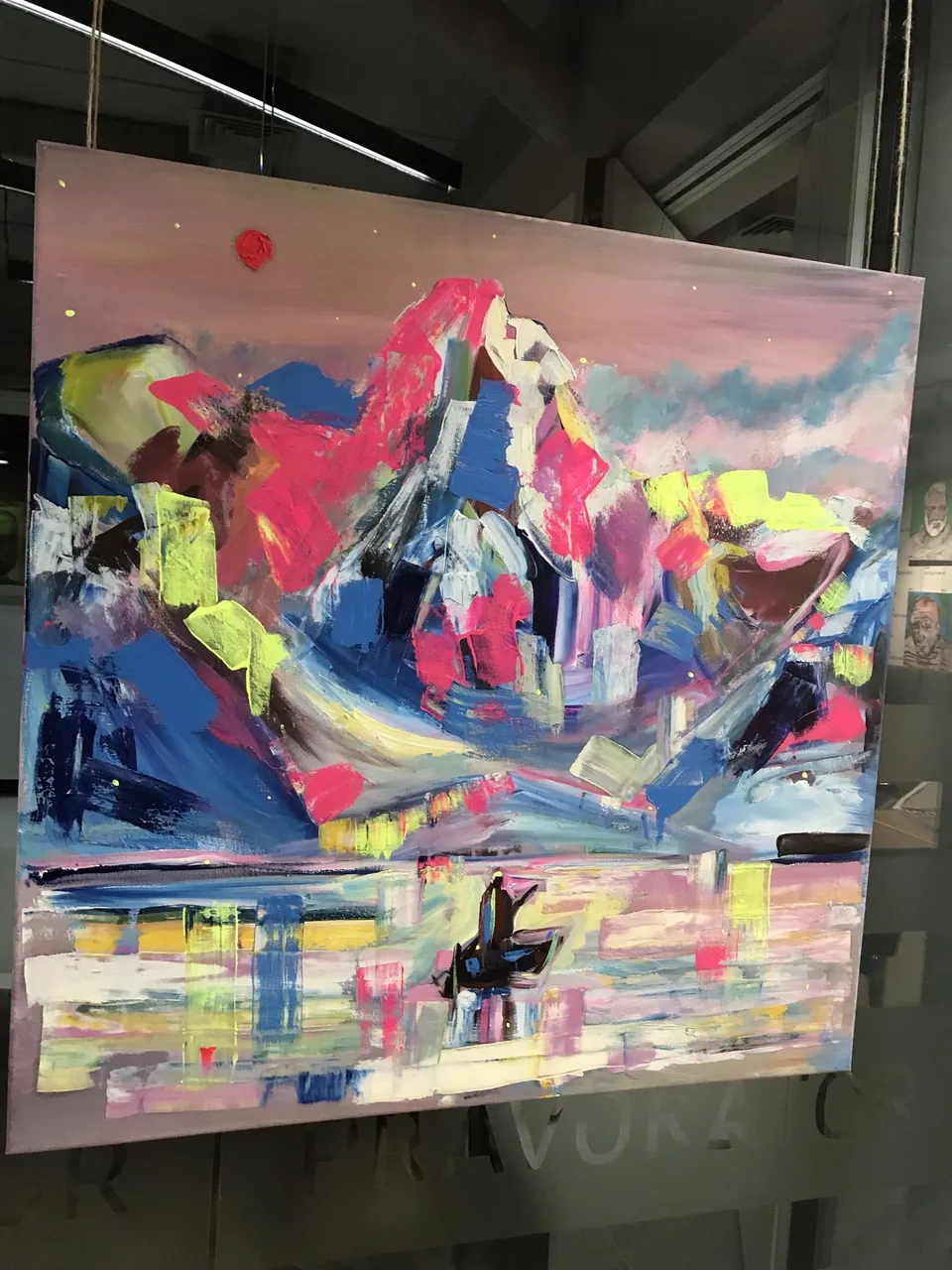 Mountain Lake by Yana Yank: pink and lilac mountains above a still lake with a lone boat, painted in loose neon strokes