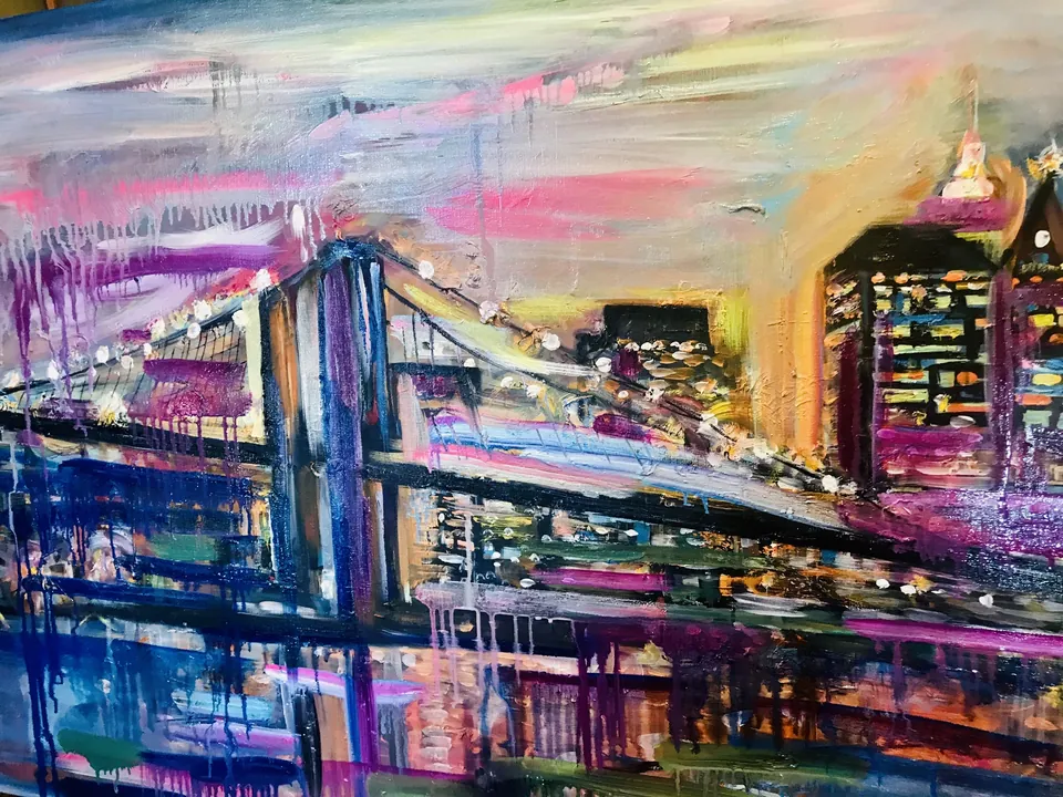 New York by Yana Yank: the Brooklyn Bridge and Manhattan skyline at dusk in streaks of blue, pink and gold