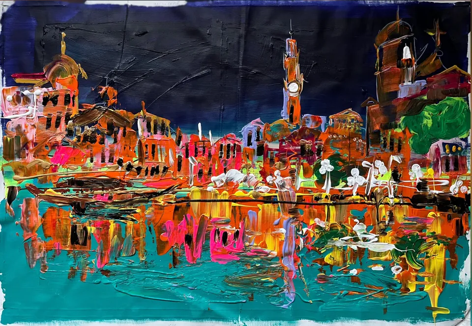 Porto by Yana Yank: the riverside skyline at night in molten orange and pink, reflected in thick turquoise impasto water