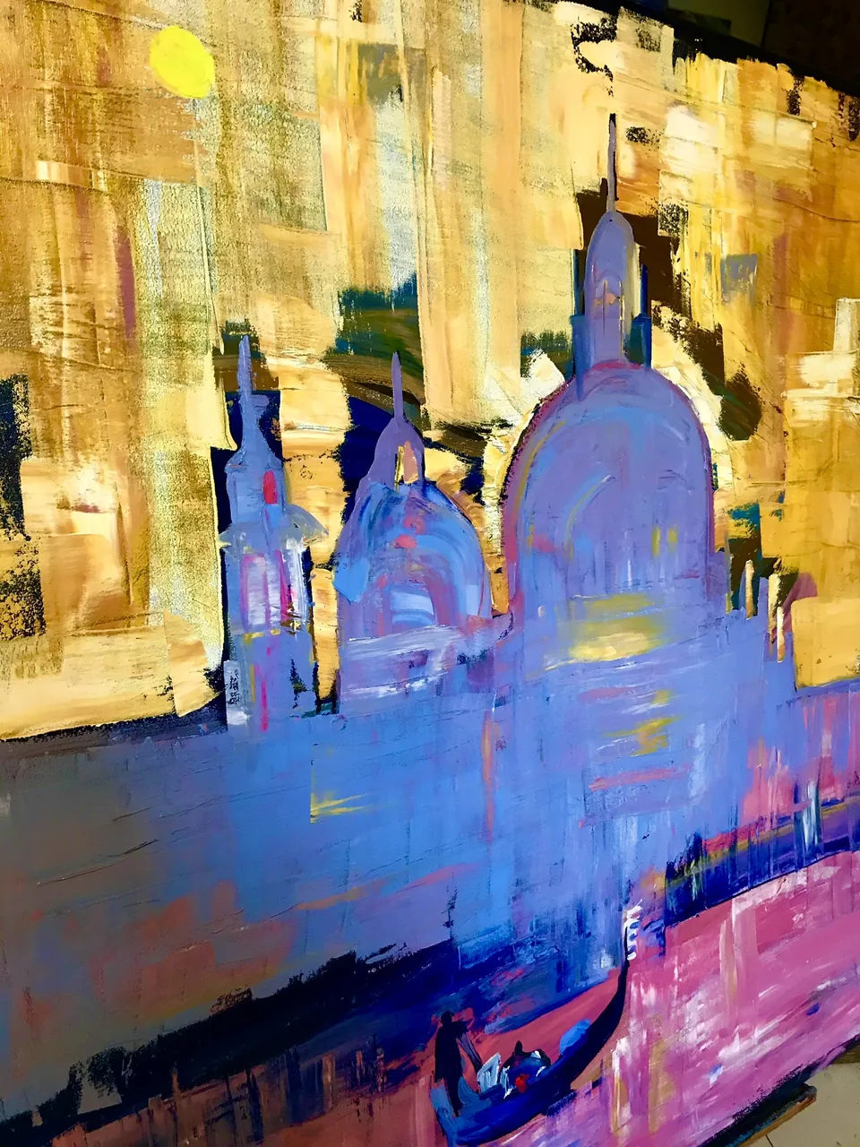 Venice by Yana Yank: the domes of Santa Maria della Salute in gold against violet water, painted with gestural vertical strokes